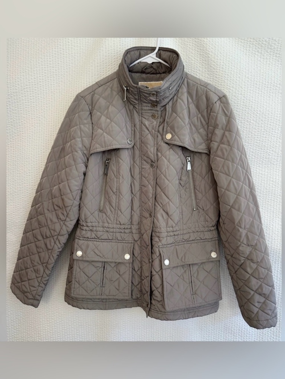 Michael Kors Gray Diamond Quilted Utility Jacket Snap Front Size Medium Women's